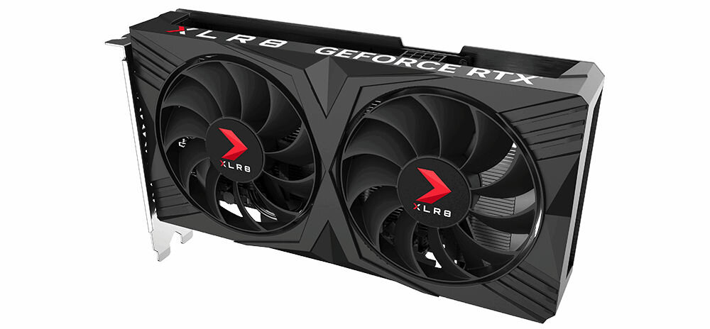 Karta graficzna PNY GeForce RTX 4060 XLR8 Gaming Verto Overclocked Dual Fan 8GB DLSS 3 Full HD 8GB pamięci GDDR6 długość ok. 210 mm dwa wentylatory aktywnego chłodzenia smukły profil chłodzenia