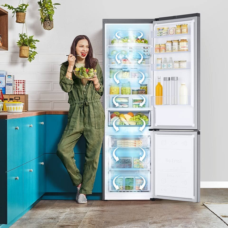 Strzałki wewnątrz urządzenia symbolizują równomierne chłodzenie z systemem All-Around Cooling