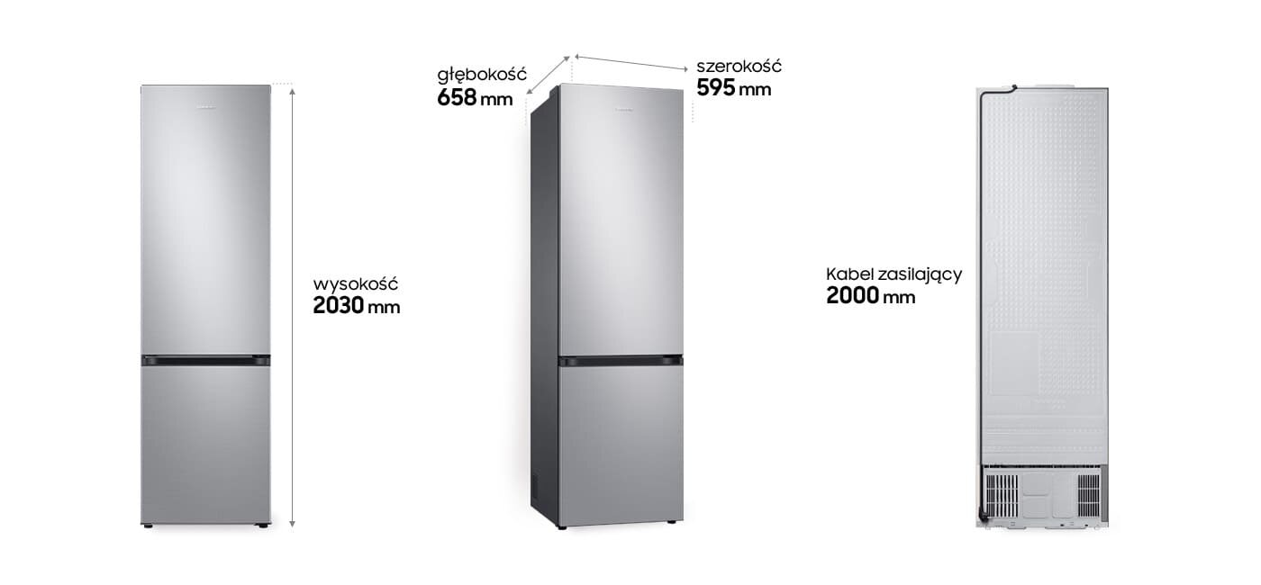 Lodówka Samsung RB38C602DSA przedstawiona z trzech różnych stron