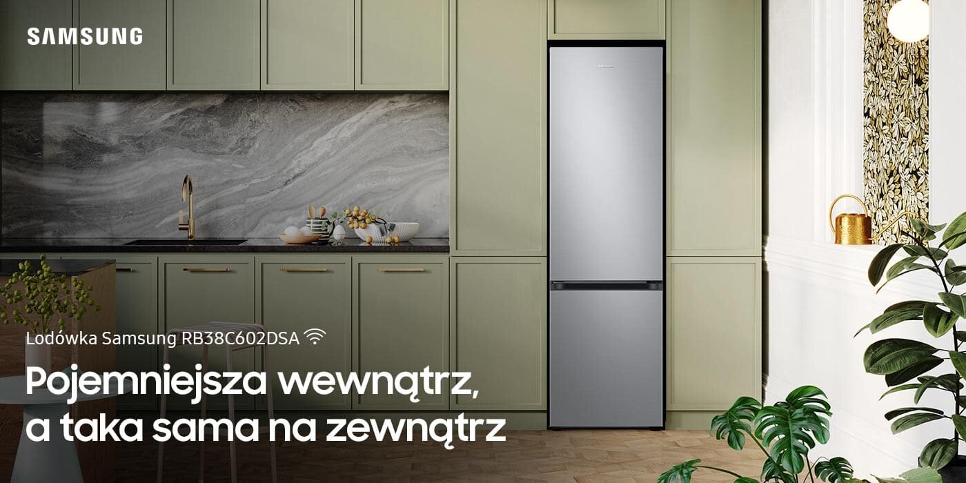 Lodówka Samsung Grand+ RB38C602DSA w kolorze metalicznego grafitu wstawiona w elegancką zabudowę kuchenną