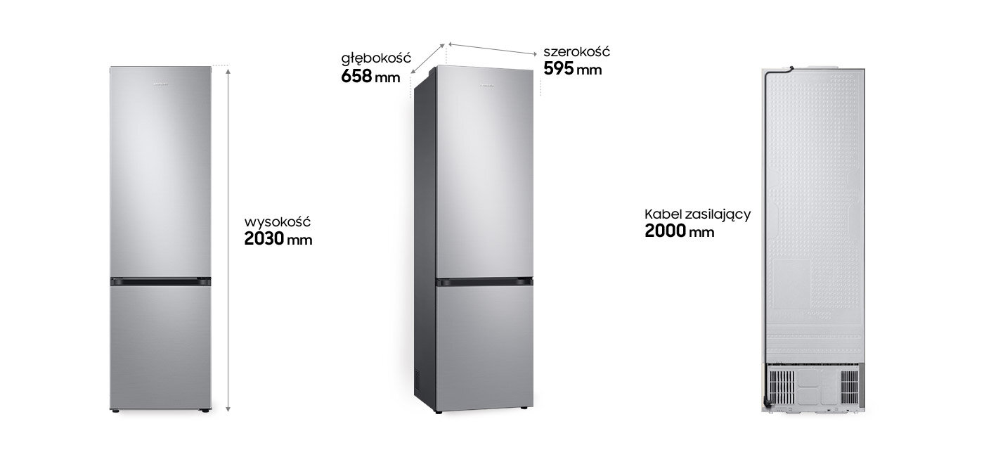 Lodówka Samsung RB38C602DSA przedstawiona z trzech różnych stron