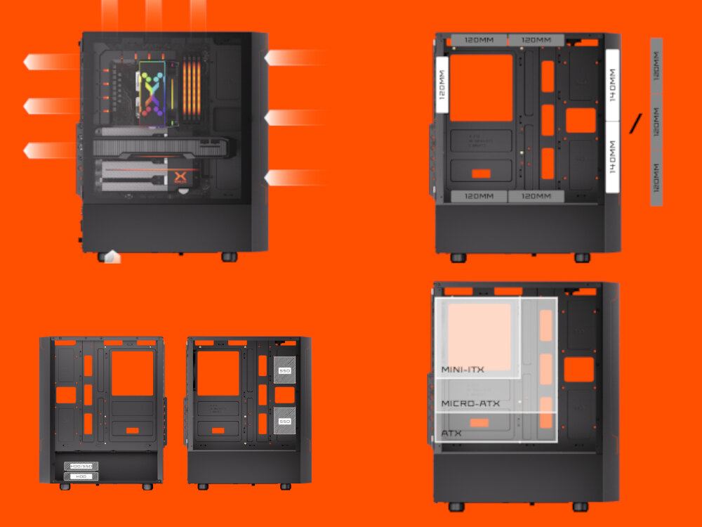 Obudowa KRUX Nadir KRXD007 446x210x376 mm, płyta główna standard ATX, karta graficzna do 315 mm, miejsce na cztery dyski, osiem miejsc na wentylatory, 140 mm
