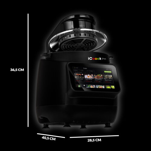 Termorobot  iCoook Pro MRK-58 z oznaczeniem poszczególnych wymiarów: 36,5 cm x 40,5 cm x 28,5 cm.