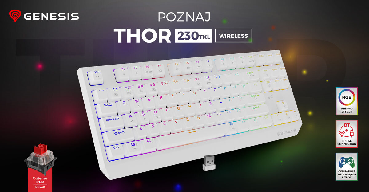 GENESIS Thor 230 TKL Wireless - Klawiatura z kolorowym podświetleniem i możliwościami łączności bezprzewodowej.