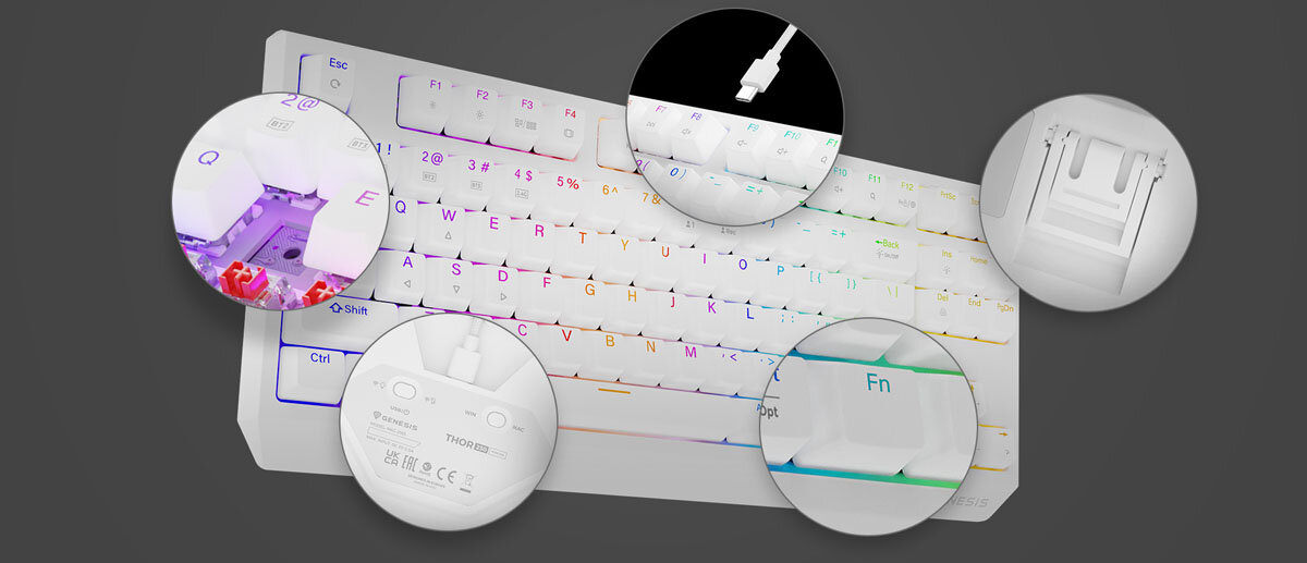 GENESIS Thor 230 TKL Wireless keycapy z laserowymi oznaczeniami podświetleniem Prismo Effect™ - klawiatura z kolorowym podświetleniem i odłączanym kablem połączeniowym.