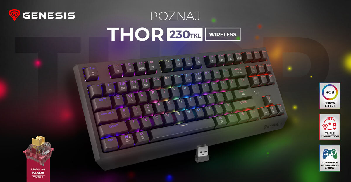 GENESIS Thor 230 TKL Wireless - Klawiatura z kolorowym podświetleniem i możliwościami łączności bezprzewodowej.