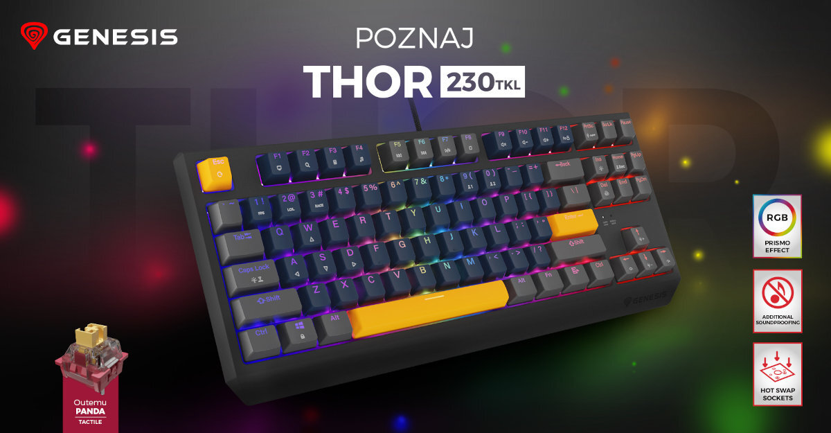 GENESIS Thor 230 TKL konstrukcją non-floating system Hot Swap Double Injection piankę wyciszającą fabrycznie nasmarowane stabilizatory rozmiar TKL - klawiatura na ciemnym tle