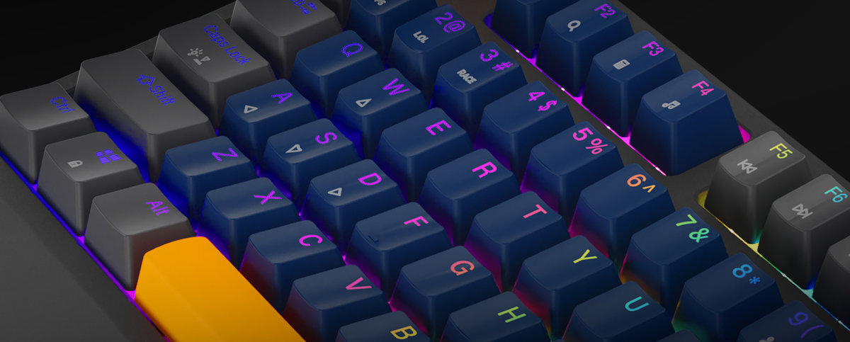 GENESIS Thor 230 TKL keycapy wytrzymałość, jakość wykonania i przyjemny w dotyku materiał czytelność wyciętych laserowo znaków pełne, konfigurowalne podświetlenie każdego przycisku - zbliżenie na klawisze