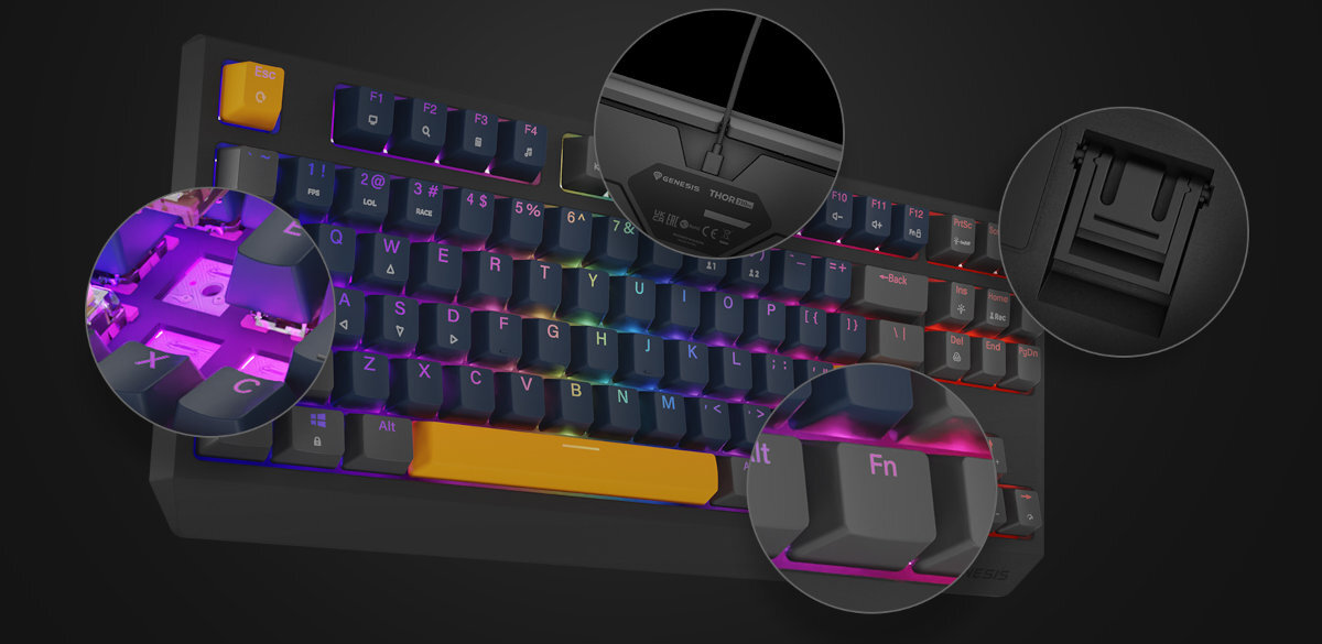 GENESIS Thor 230 TKL Dedykowany kanał przewód w oplocie trzech kierunków podwójne, rozkładane nóżki regulację nachylenia w dwóch poziomach funkcja aktywacji klawiszy funkcyjnych bez użycia przycisku FN - zbliżenie na udogodnienia klawiatury
