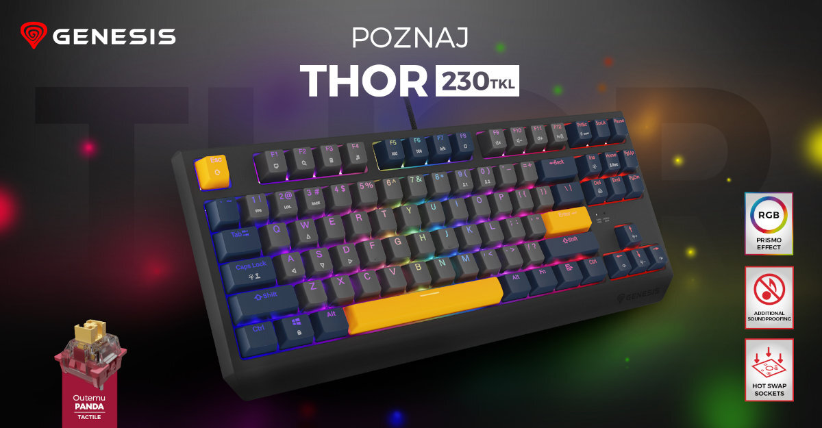GENESIS Thor 230 TKL konstrukcją non-floating system Hot Swap Double Injection piankę wyciszającą fabrycznie nasmarowane stabilizatory rozmiar TKL - klawiatura na ciemnym tle