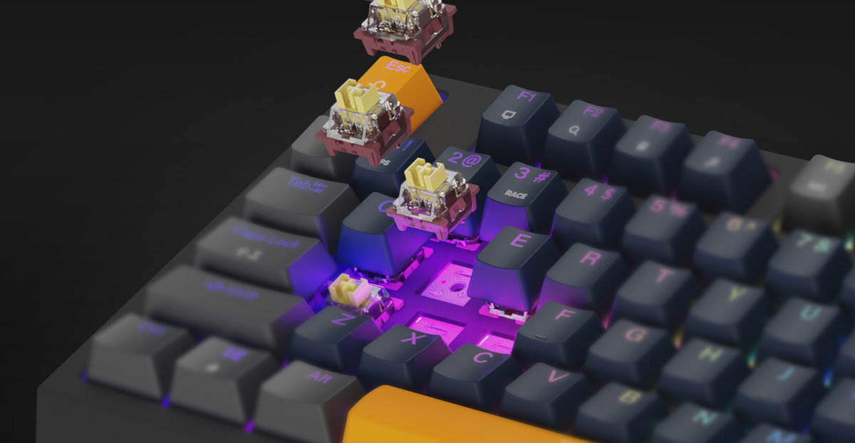 GENESIS Thor 230 TKL przełączników Outemu Panda system Hot Swap 3-pinowego przełącznika Outemu, Akko czy KTT systemowi Hot Swap - zbliżenie na przełączniki