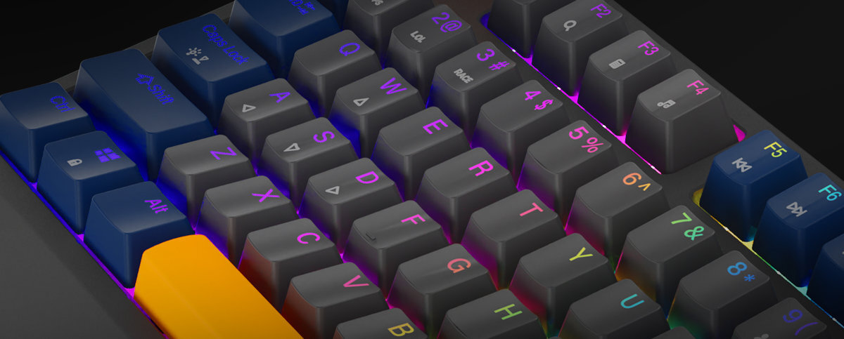 GENESIS Thor 230 TKL keycapy wytrzymałość, jakość wykonania i przyjemny w dotyku materiał czytelność wyciętych laserowo znaków pełne, konfigurowalne podświetlenie każdego przycisku - zbliżenie na klawisze