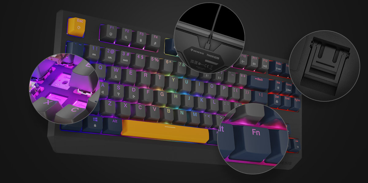 GENESIS Thor 230 TKL Dedykowany kanał przewód w oplocie trzech kierunków podwójne, rozkładane nóżki regulację nachylenia w dwóch poziomach funkcja aktywacji klawiszy funkcyjnych bez użycia przycisku FN - zbliżenie na udogodnienia klawiatury