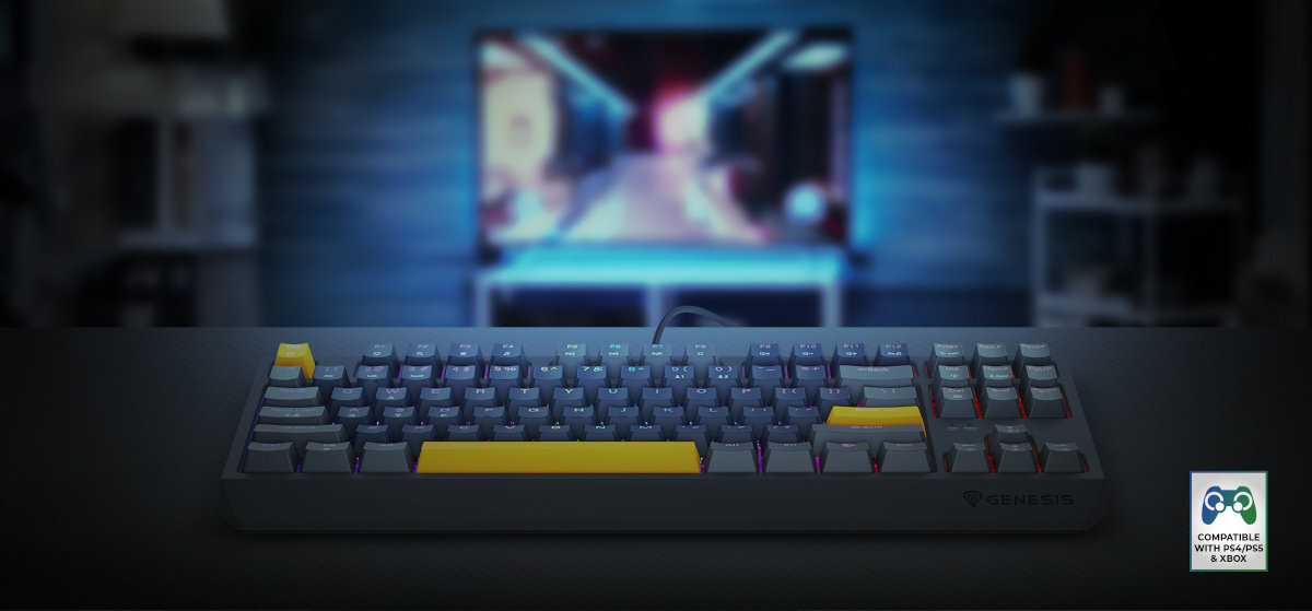 GENESIS Thor 230 TKL klawiatury mechanicznej Genesis Thor 230 TKL komputera konsol PS5, PS4, Xbox Series X|S, Xbox One X|S gra obsługuje sterowanie za pomocą klawiatury - klawiatura z telewizorem w tle