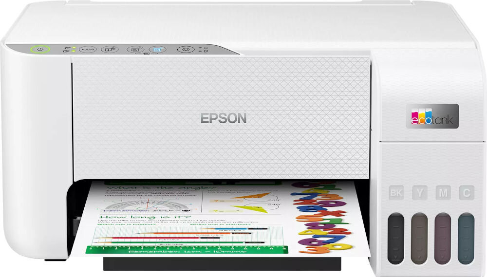 Urządzenie wielofunkcyjne EPSON EcoTank L3276 Druk w kolorze, Wi-Fi prezentacja urządzenia od przodu na białym tle z wydrukowaną kartką kolorowy wydruk zdjęć efektowne dokumenty