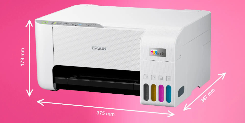Urządzenie wielofunkcyjne EPSON EcoTank L3276 Druk w kolorze, Wi-Fi prezentacja urządzenia na różowym tle od boku z wymiarami wymiary 375 x 347 x 179 mm swoboda organizacji