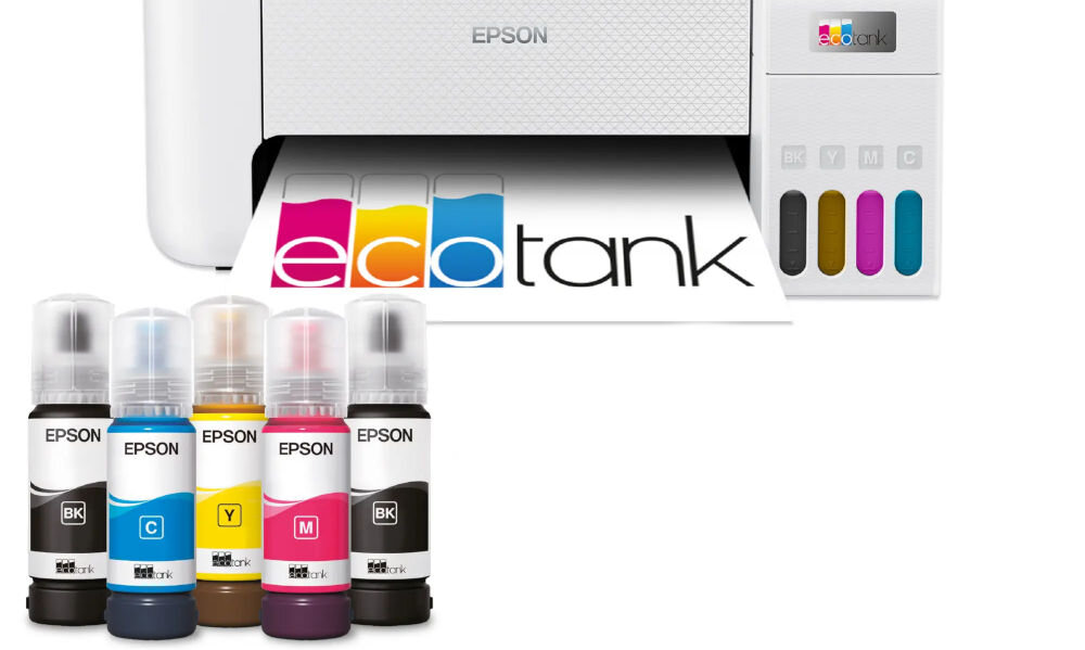 Urządzenie wielofunkcyjne EPSON EcoTank L3276 Druk w kolorze, Wi-Fi prezentacja urządzenia od przodu na białym tle zbliżenie na butelki z atramentem i przód urządzenia głowica Micro Piezo firmy Epson kontrola kropli atramentu drukowanie z dużą szczegółowością