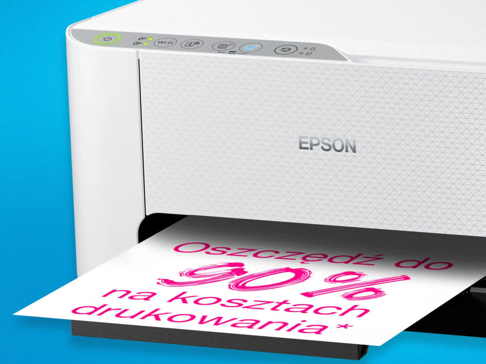 Urządzenie wielofunkcyjne EPSON EcoTank L3276 Druk w kolorze, Wi-Fi prezentacja urządzenia od przodu pod kątem na niebieskim tle zbliżenie na kartkę z napisem oszczędź do 90% na kosztach drukowania oszczędność kosztów częste drukowanie