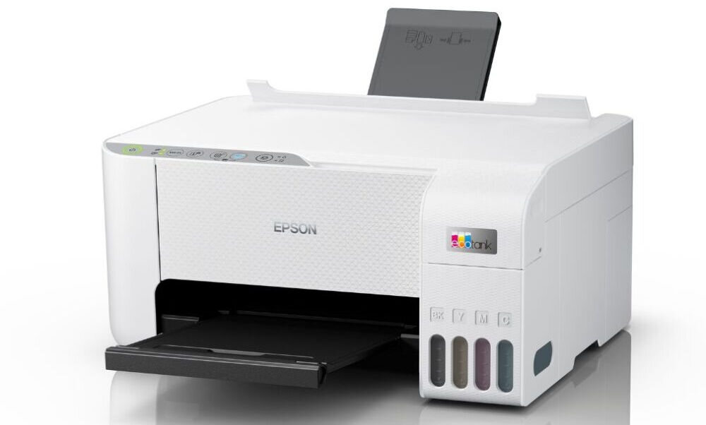 Urządzenie wielofunkcyjne EPSON EcoTank L3276 Druk w kolorze, Wi-Fi prezentacja urządzenia od przodu pod kątem na białym tle wydajność atramentu wydłużenie czasu pracy