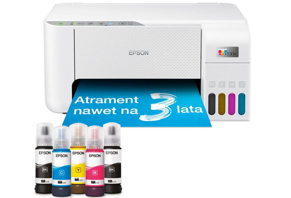 Urządzenie wielofunkcyjne EPSON EcoTank L3276 Druk w kolorze, Wi-Fi prezentacja urządzenia od przodu na białym tle przed butelki wskaźnik atramentu z przodu kontrola zużycia