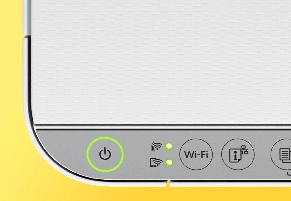 Urządzenie wielofunkcyjne EPSON EcoTank L3276 Druk w kolorze, Wi-Fi prezentacja panelu z funkcjami na drukarce żółte tło bezprzewodowe połączenie Wi-Fi wygoda pracy bez kabli