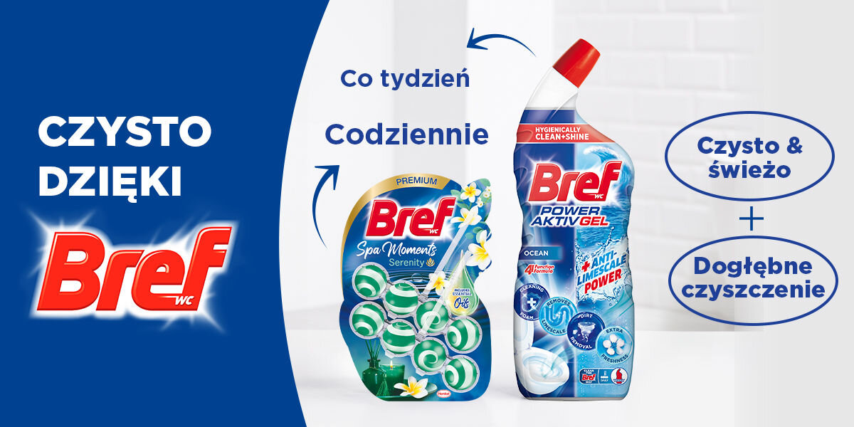 Kostka do WC BREF Spa Moments Serenity Grafika promująca dwa produkty Bref: zawieszkę Bref Spa Moments Serenity (do codziennego użytku) i butelkę żelu Bref Power Aktiv Gel Ocean (do cotygodniowego użytku). Teksty podkreślają połączenie Czysto & świeżo i Dogłębne czyszczenie