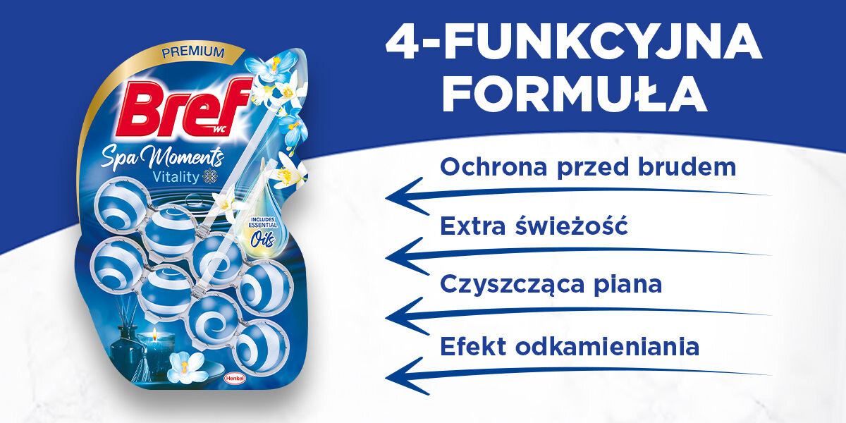 Kostka do WC BREF Spa Moments Vitality Zawieszka do WC Bref Spa Moments Vitality (niebieska) na białym tle z czterema strzałkami wskazującymi na listę funkcji: Ochrona przed brudem, Extra świeżość, Czyszcząca piana oraz Efekt odkamieniania. Nagłówek: 4-FUNKCYJNA FORMUŁA.