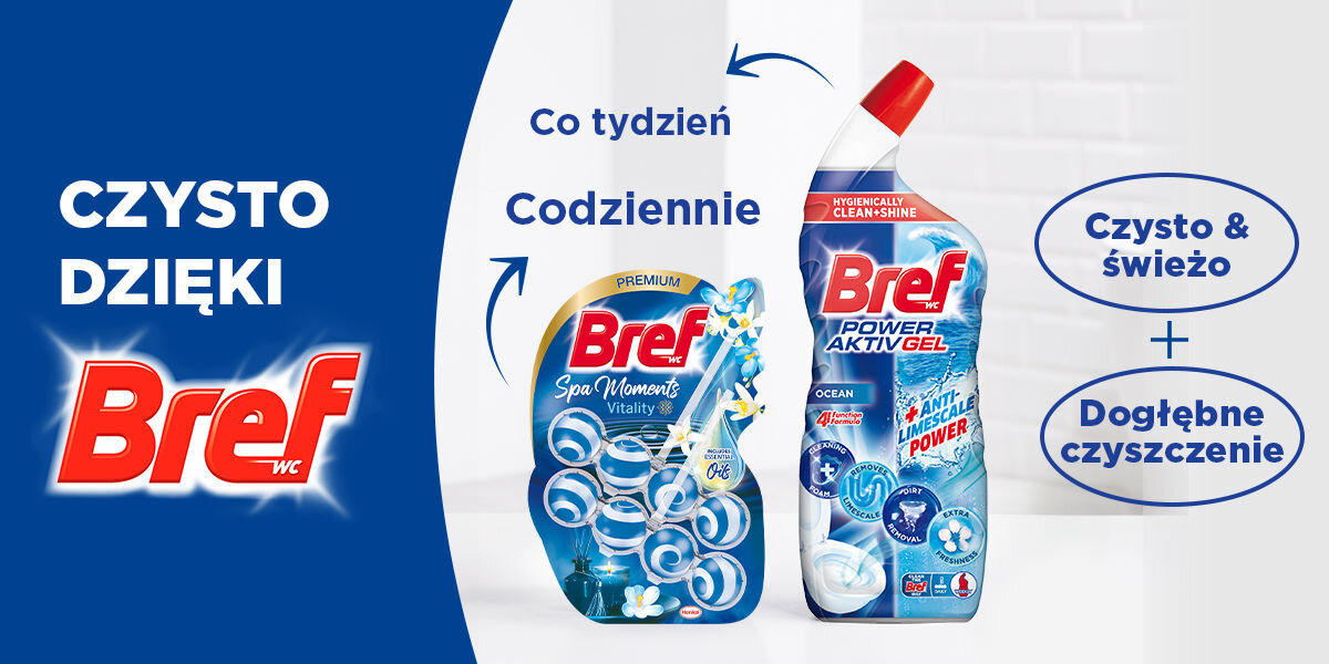 Kostka do WC BREF Spa Moments Vitality Grafika promująca dwa produkty Bref: zawieszkę Bref Spa Moments Vitality (do codziennego użytku) i butelkę żelu Bref Power Aktiv Gel Ocean (do cotygodniowego użytku). Teksty podkreślają połączenie Czysto & świeżo i Dogłębne czyszczenie