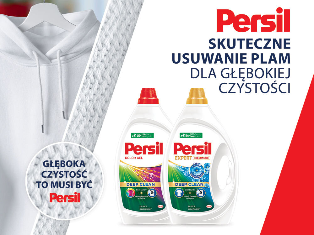 Żel do prania PERSIL Reklama Persil Color Gel i Persil Expert. Po lewej stronie powieszona na wieszaku biała bluza. W okręgu tekst: Głęboka czystość to musi być Persil. Po prawej dwie butelki żelu. Tekst w nagłówku: Persil skuteczne usuwanie plam dla głębokiej czystości