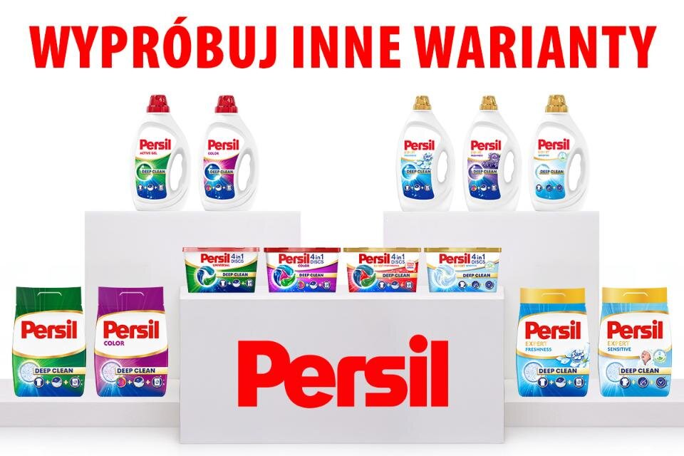 Na obrazie widoczne są różne warianty produktów Persil, w tym płyny i proszki do prania. Na górze znajduje się napis \'WYPRÓBUJ INNE WARIANTY\', a na dole duże logo Persil.