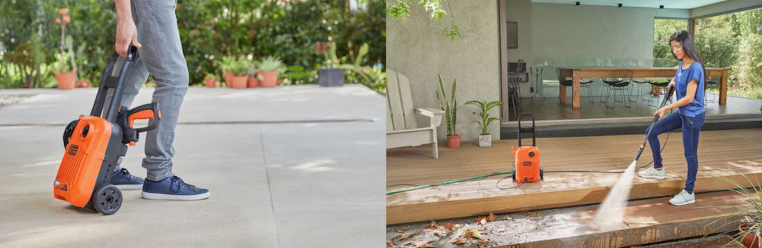 Myjka ciśnieniowa BLACK & DECKER BEPW1650-QS Przemyślana konstrukcja mobilność łatwe przechowywanie długi uchwyt kółka zintegrowany schowek