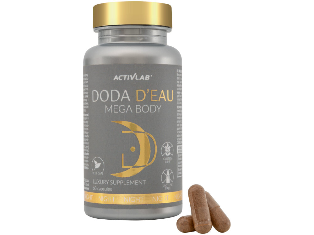 Suplement na trawienie ACTIVLAB Doda D-eau Mega Body 60 kapsułek kompozycja skutecznych skladnikow aktywnych piekna jedrna skora suplement na trawienie szaklak amerykanski 50 mg astaksantyna 5 mg przytulia czepna 50 mg