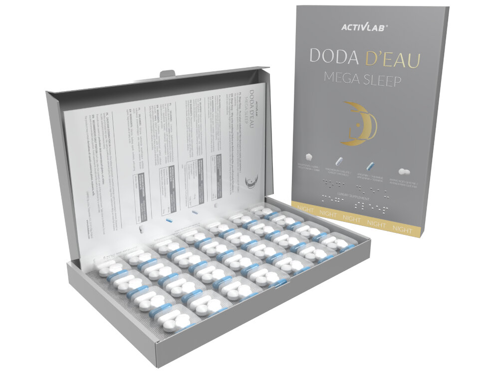 Suplement na sen ACTIVLAB Doda D-eau Mega Sleep 140 kapsułek suplement na sen ukoi nerwy uspokoi mysli 28-dniowy system nocny 4 produkty melatonina chelat magnezu apigenina z teaina glicyna 140 tabletek zazywac raz dzinnie kotko przed snem popijajac woda