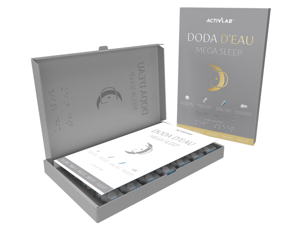 Suplement na sen ACTIVLAB Doda D-eau Mega Sleep 140 kapsułek 28 kapsulek chelatu magnezu 530 mg chelatu magnezu 75 mg czystego magnezu magnez jest chelatowany z glicyna dobrze przyswajany w organizmie eliminuje zmeczenie i wyczerpanie utrzymuje rownowage elektrolitowa organizmu