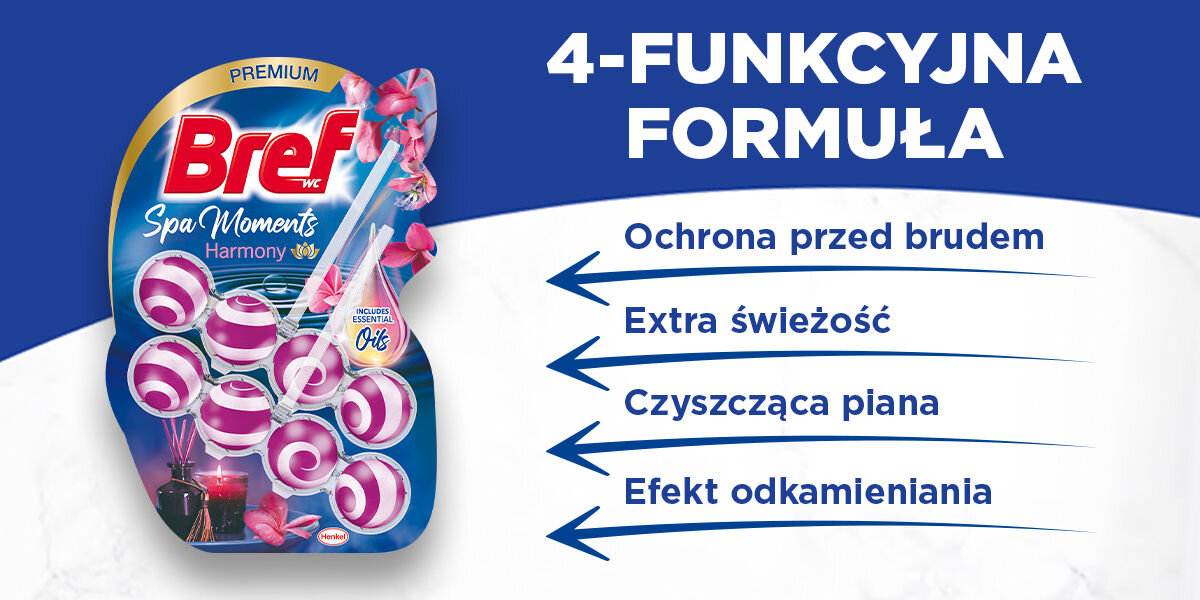 Kostka do WC BREF Spa Moments Harmony Zawieszka do WC Bref Spa Moments Harmony (niebieska) na białym tle z czterema strzałkami wskazującymi na listę funkcji: Ochrona przed brudem, Extra świeżość, Czyszcząca piana oraz Efekt odkamieniania. Nagłówek: 4-FUNKCYJNA FORMUŁA.