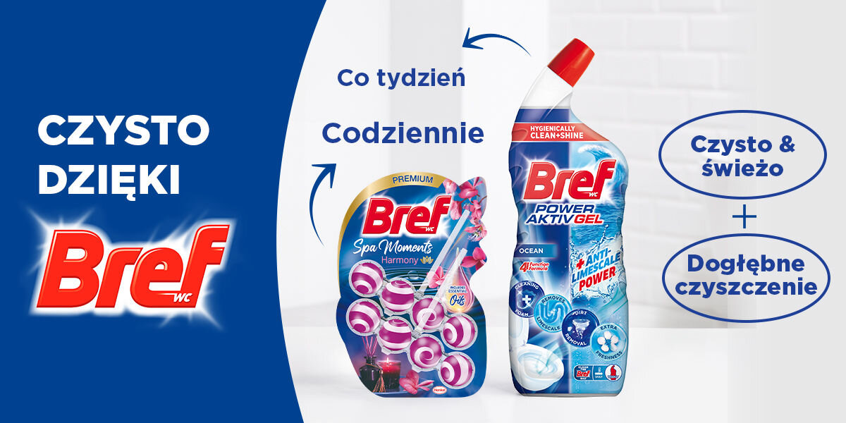 Kostka do WC BREF Spa Moments Harmony Grafika promująca dwa produkty Bref: zawieszkę Bref Spa Moments Harmony (do codziennego użytku) i butelkę żelu Bref Power Aktiv Gel Ocean (do cotygodniowego użytku). Teksty podkreślają połączenie Czysto & świeżo i Dogłębne czyszczenie