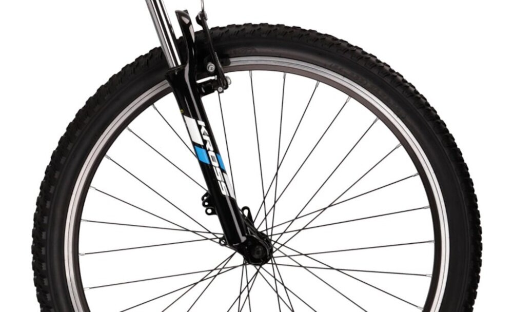 Rower górski MTB KROSS Hexagon 1.0 M19 26 cali męski Czarno-niebieski kola duze 26-calowe latwe pokonywanie przeszkod wiekszy kontakt kola z podlozem szeroki opoy marki WANDA gleboki bieznik dobra przyczepnosc regularne sprawdzanie cisnienia powietrza wartosc na bocznej czesci opony