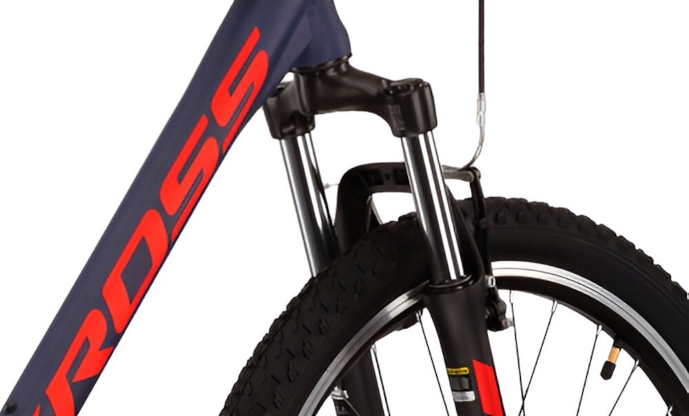 Rower górski MTB KROSS Hexagon 1.0 M19 26 cali męski Granatowo-czerwony rower typu hardtail przedni amortyzator ZOOM typu Forgo 565 80mm niweluje wstrzasy do jazdy na nierownej wyboistej nawierzchni