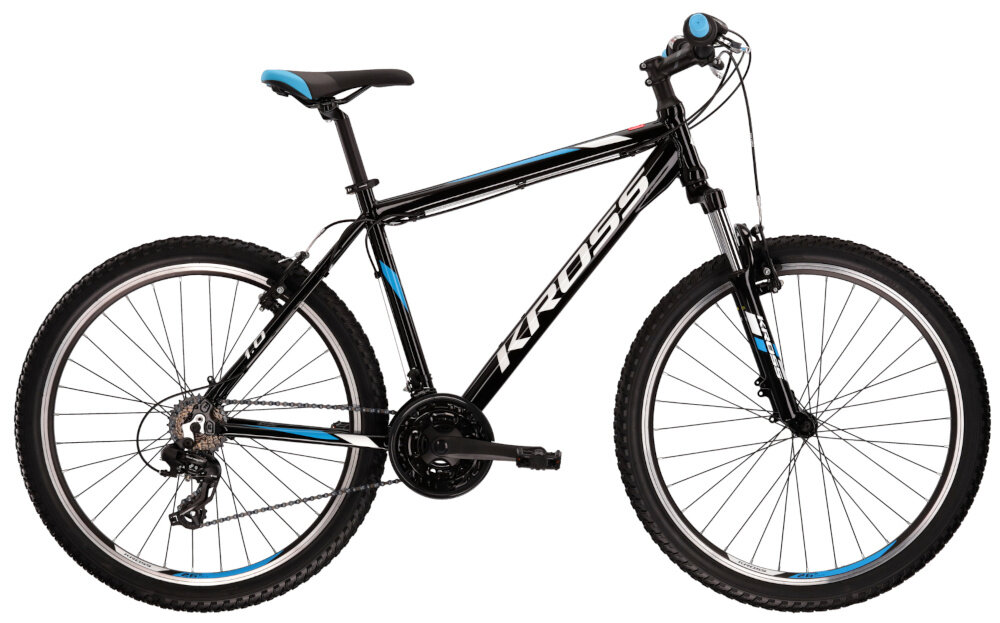 Rower górski MTB KROSS Hexagon 1.0 M21 26 cali męski Czarno-niebieski rama 21-calowa z wysokiej jakosci stopu aluminium 6061 wysoka sztywnosc odpornosc na zlamania i przeciazenia pomalowana metoda proszkowa lakier bardzo wytrzymaly odporny na uszkodzenia mechaniczne rama odporna na korozje wybor rozmiaru ramy Twoj wzrost mierzony w zrelaksowanej pozycji typ roweru dla osob o wzroscie od 180 do 190 cm