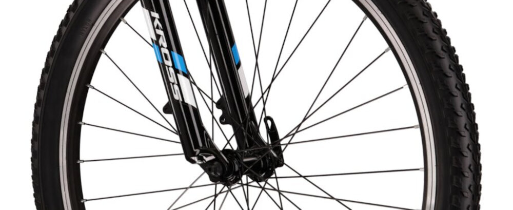 Rower górski MTB KROSS Hexagon 1.0 M21 26 cali męski Czarno-niebieski uniwersalne zastosowanie do jazdy w miescie poza miastem w lesie na latwym i trudnym gorskim szlaku w niezbyt grzaskim blocie nie za glebokim piachu aluminiowe obrecze zachowanie regularnego ksztaltu kol stabilne trzymanie opony gwarancja bezpiecznej komfortowej jazdy