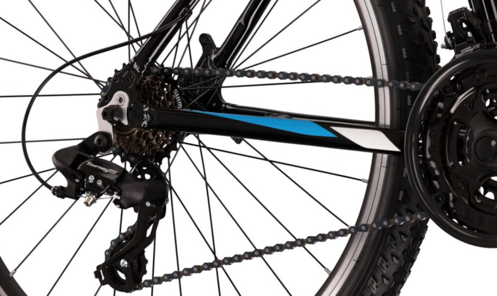 Rower górski MTB KROSS Hexagon 1.0 M21 26 cali męski Czarno-niebieski 21 przelozen przednia i tylna przerzutka SHIMANO Tourney przezutki SHIMANO duza wytrzymalosc precyzyjne dzialanie plynna bezproblemowa zmiana biegow