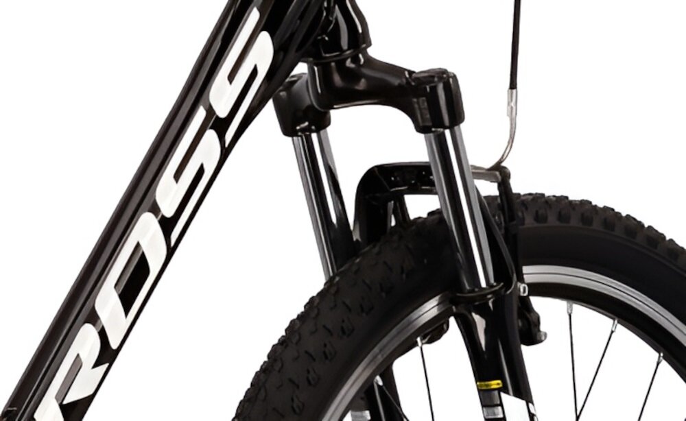 Rower górski MTB KROSS Hexagon 1.0 M21 26 cali męski Czarno-niebieski rower typu hardtail przedni amortyzator KROSS ze skokiem 80 mm niweluje wstrzasy do jazdy na nierownej wyboistej nawierzchni