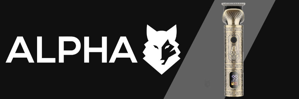 Golarka ALPHA ABS-02 Na sucho precyzja cięcia czarne tło biały napis logo wilka golarka złota obudowa ostrze