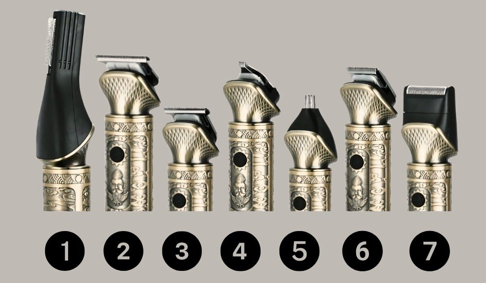 Trymer ALPHA ABS-02 7 wymiennych końcówek, przycinanie włosów, golenie, modelowanie zarostu, szeroki trymer