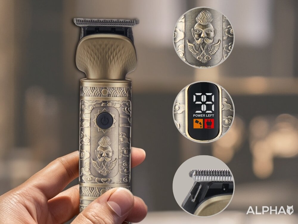 Trymer ALPHA ABS-02 10 nasadek dystansowych, personalizacja cięcia, szybkie przejście z krótkiego do długiego cięcia, dopasowany efekt