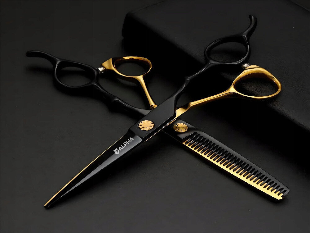Zestaw ALPHA Barberski Precyzja każdego cięcia Laserowo szlifowane ostrza nożyczek i degażówek Ergonomiczny kształt podpórka na palec