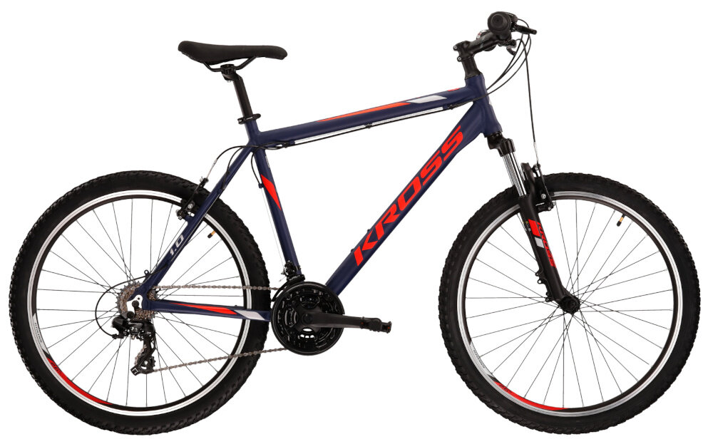 Rower górski MTB KROSS Hexagon 1.0 M21 26 cali męski Granatowo-czerwony rama 21-calowa z wysokiej jakosci stopu aluminium 6061 wysoka sztywnosc odpornosc na zlamania i przeciazenia pomalowana metoda proszkowa lakier bardzo wytrzymaly odporny na uszkodzenia mechaniczne rama odporna na korozje wybor rozmiaru ramy Twoj wzrost mierzony w zrelaksowanej pozycji typ roweru dla osob o wzroscie od 180 do 190 cm