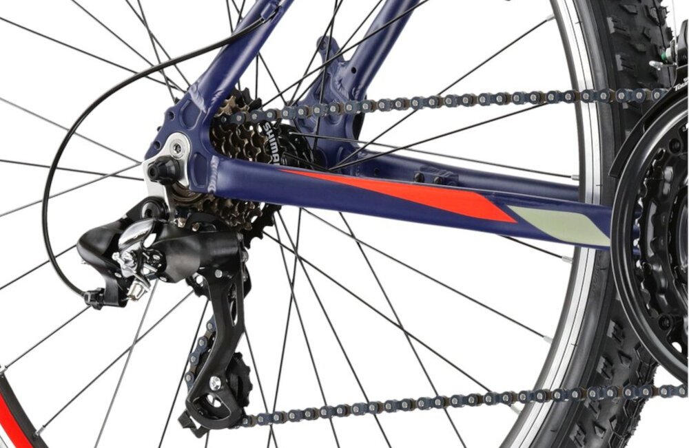 Rower górski MTB KROSS Hexagon 1.0 M21 26 cali męski Granatowo-czerwony 21 przelozen przednia i tylna przerzutka SHIMANO Tourney przezutki SHIMANO duza wytrzymalosc precyzyjne dzialanie plynna bezproblemowa zmiana biegow