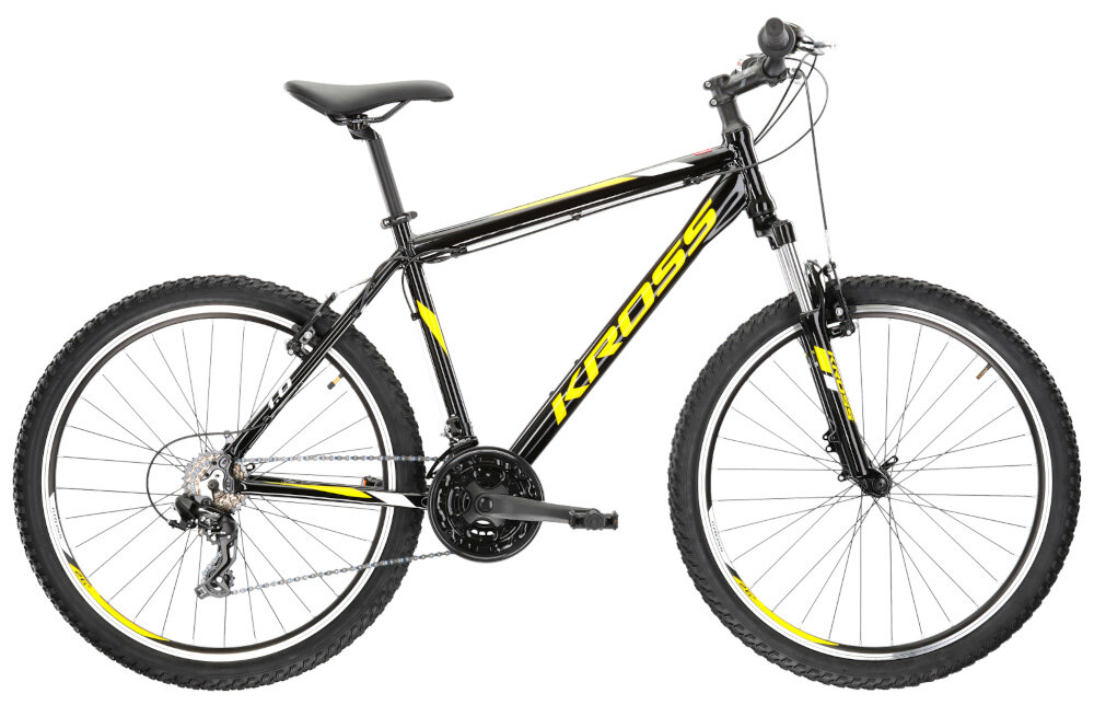 Rower górski MTB KROSS Hexagon 1.0 M21 26 cali męski Czarno-żółty rama 21-calowa z wysokiej jakosci stopu aluminium 6061 wysoka sztywnosc odpornosc na zlamania i przeciazenia pomalowana metoda proszkowa lakier bardzo wytrzymaly odporny na uszkodzenia mechaniczne rama odporna na korozje wybor rozmiaru ramy Twoj wzrost mierzony w zrelaksowanej pozycji typ roweru dla osob o wzroscie od 180 do 190 cm