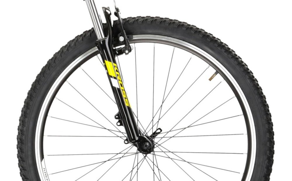 Rower górski MTB KROSS Hexagon 1.0 M21 26 cali męski Czarno-żółty kola duze 26-calowe latwe pokonywanie przeszkod wiekszy kontakt kola z podlozem szeroki opoy marki WANDA gleboki bieznik dobra przyczepnosc regularne sprawdzanie cisnienia powietrza wartosc na bocznej czesci opony